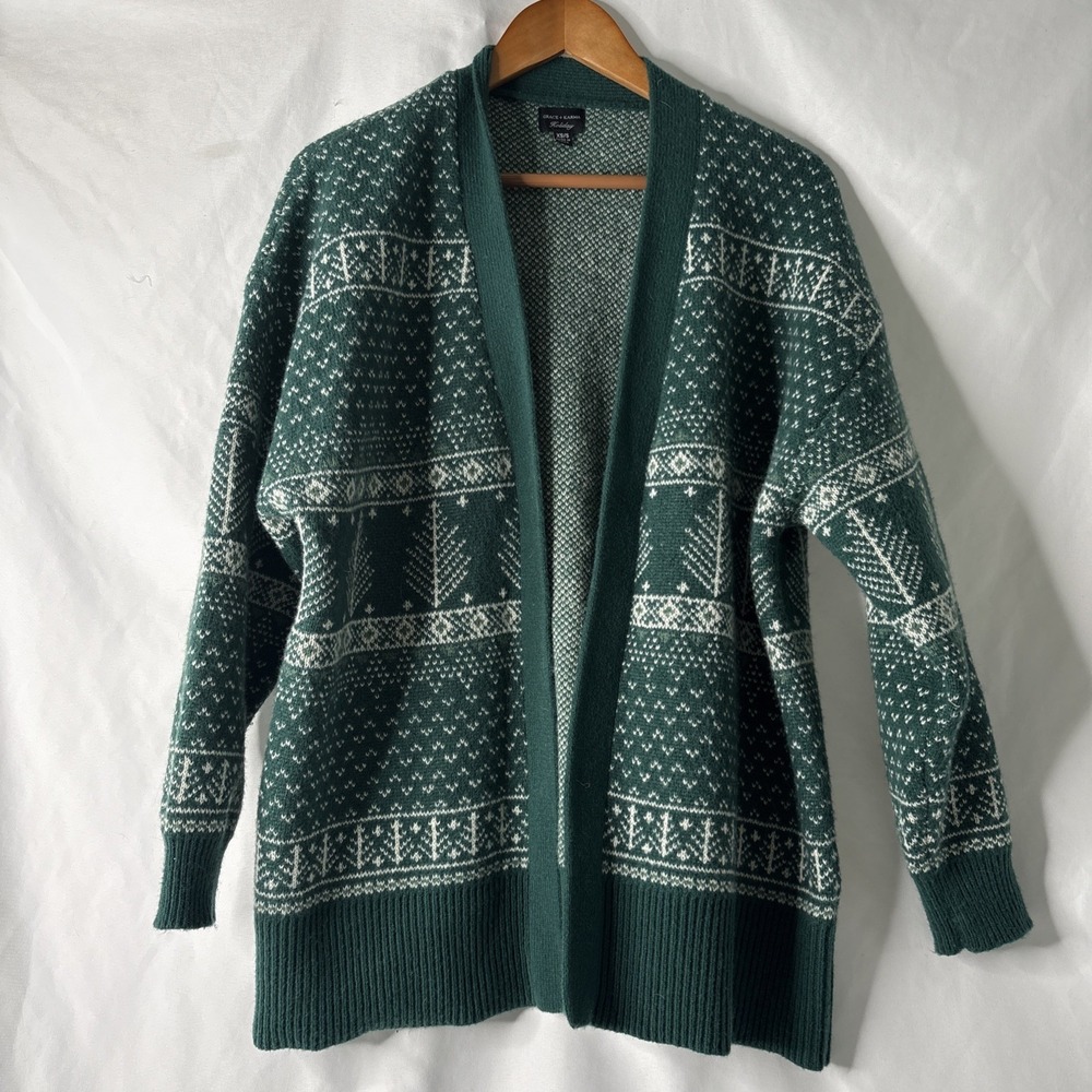 Grace & Karma Oversized XS/S Green Trees Open Front Holiday‎ Cardigan Sweater